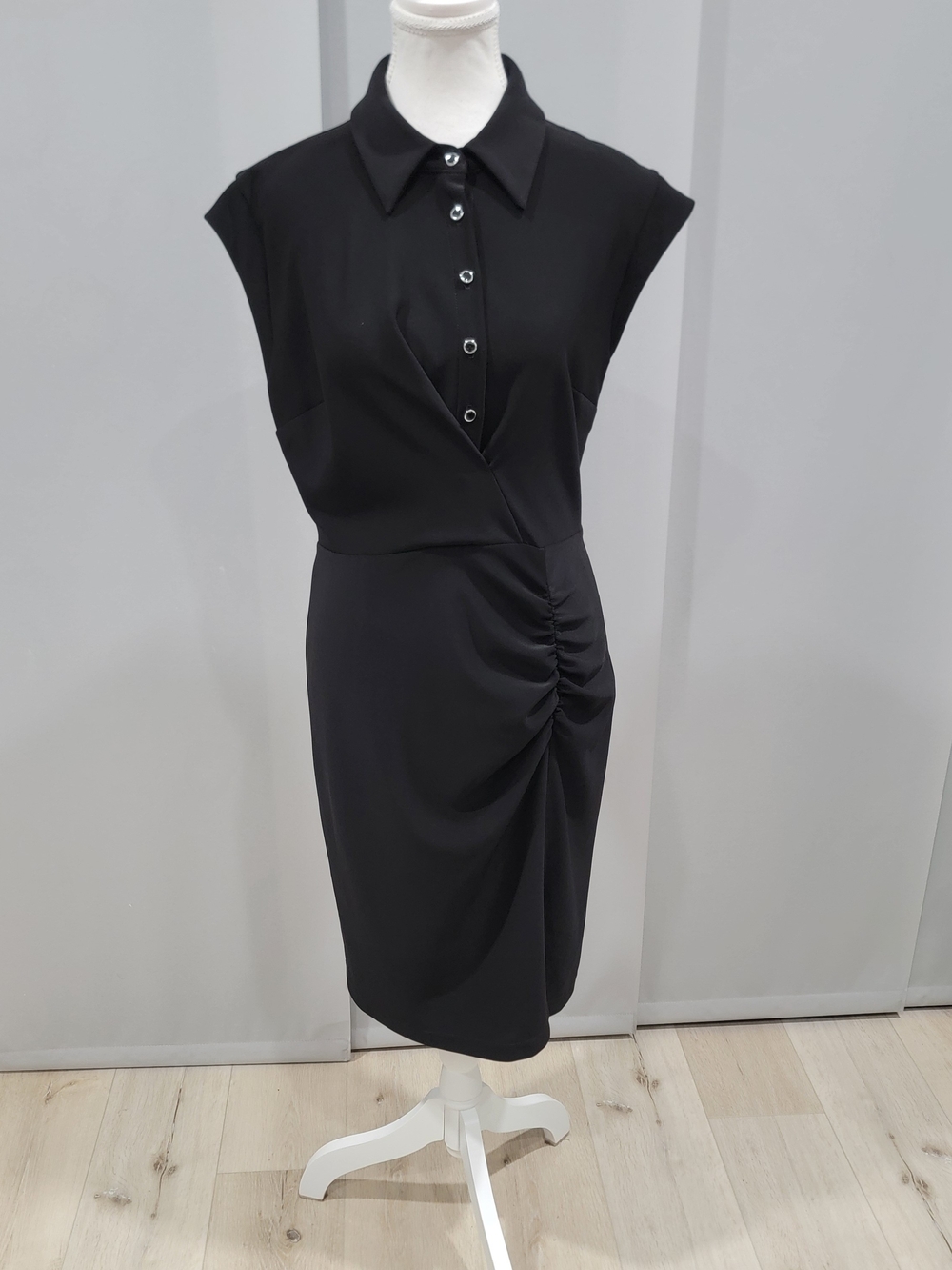 Joseph Ribkoff Black Cap-Sleeve Ruched Midi Dress